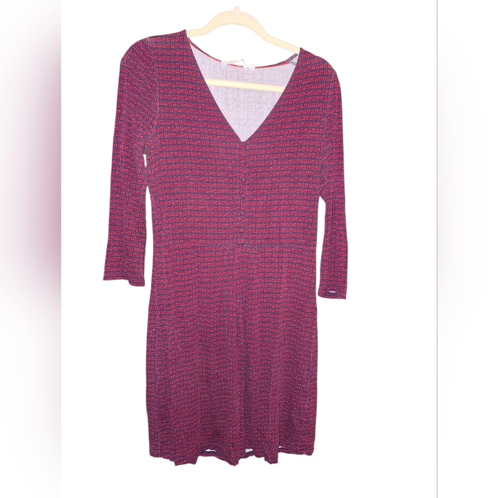 Boden 8L Midi Dress Long Sleeve Red Blue Stretch Pullover Soft buttons V-neck